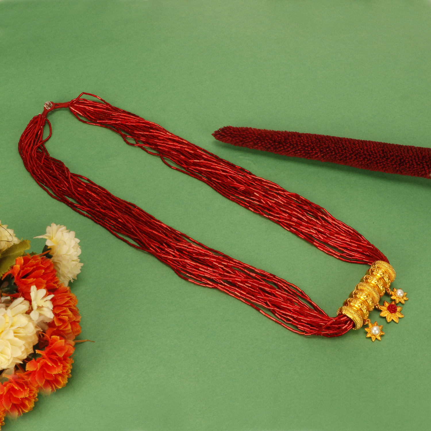 OZ jewels Gold Plated Beaded Traditional Pahadi Timaniya (Red)