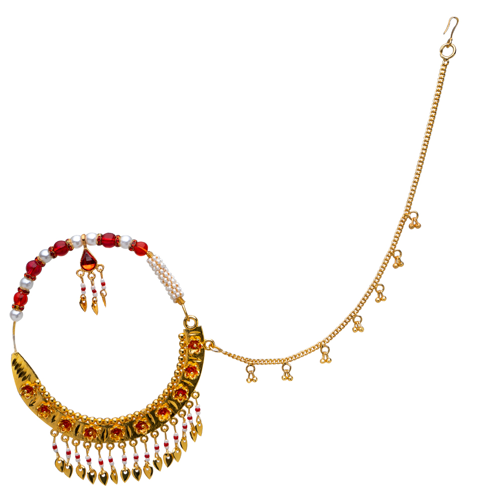 OZ Jewels Golden plated Traditional Pahadi Nath/Uttrakhandi Nath with Pearl Stone and Chain for Women