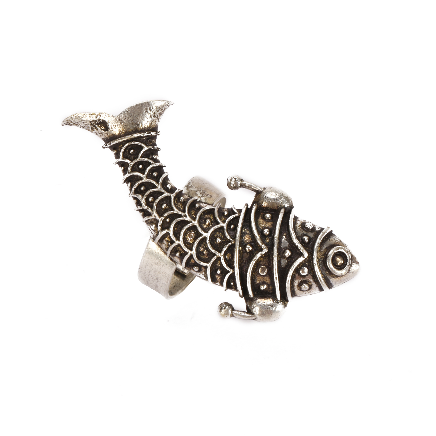 OZ Jewels Silver-Plated Oxidised Fish Shaped Adjustable Ring