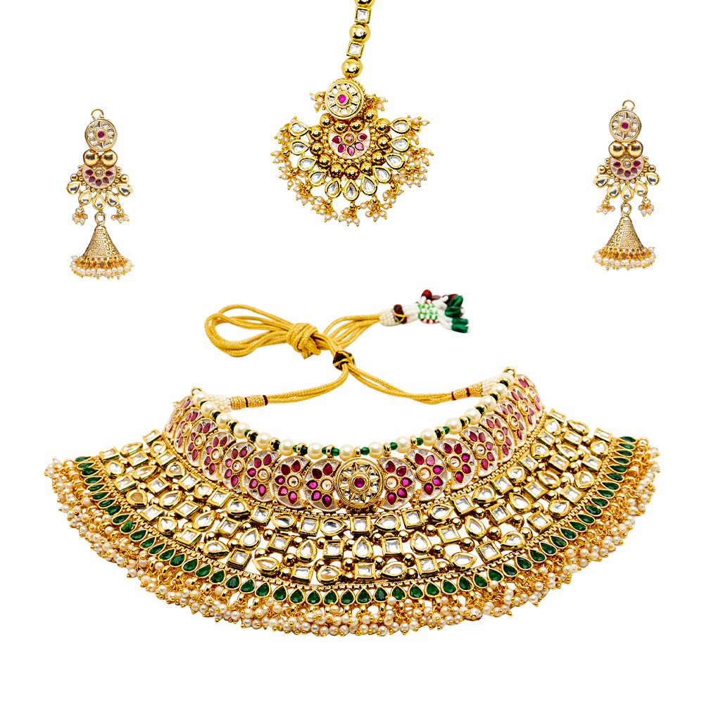Pink and Ruby green kundal bridal necklace
