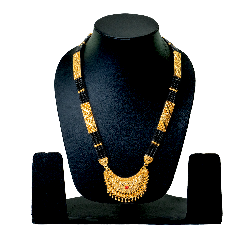 Copper with Gold Plated Four-Line Mangalsutra with Black Beads
